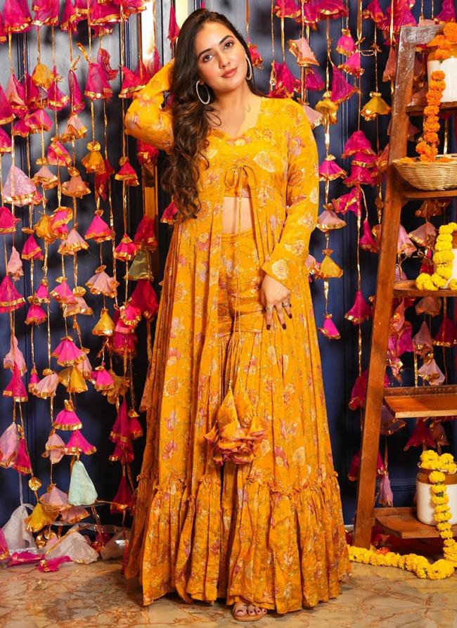Chinnon Yellow Party Wear Digital Printed Indo Western Suit